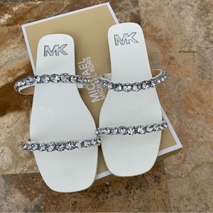 Michael Kors Jessa Flat Rhinestone Sandals Optic White Sz 9